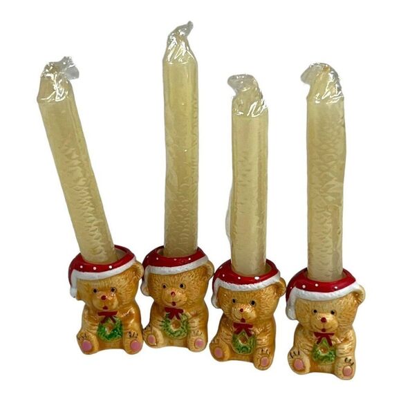Vintage RUSS BERRIE Christmas Bears Mini Candle Holders Set Of 4 Taper 4.75” Lot - Picture 1 of 8